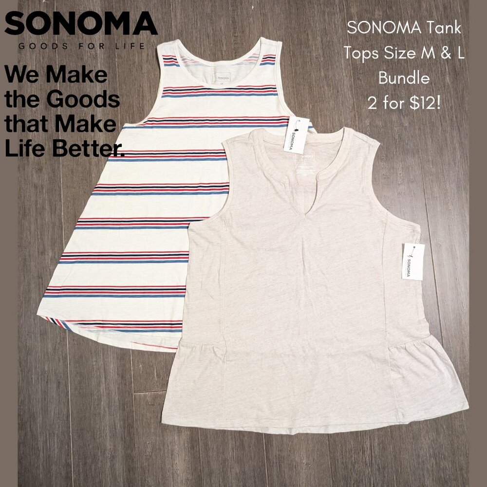 BNWT Bundle! Sonoma Tank Tops Sz M & L, Red/Wht/Bl stripes & Heather Grey